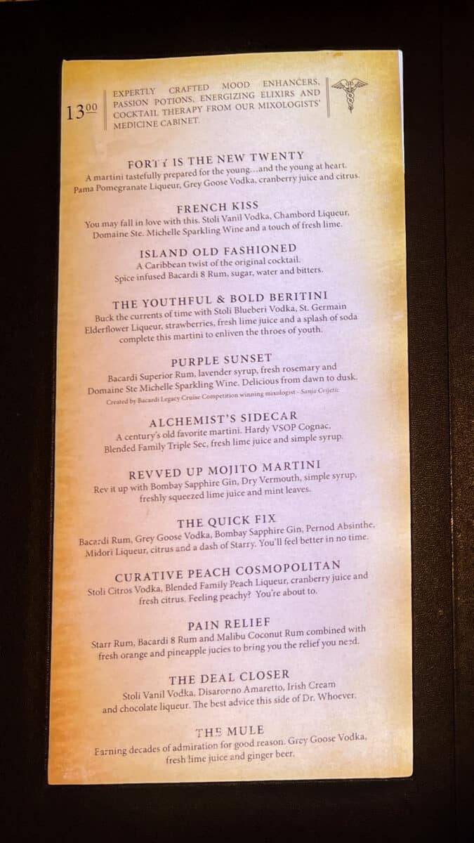 Carnival Drink Menu from the Alchemy Bar - Page 1