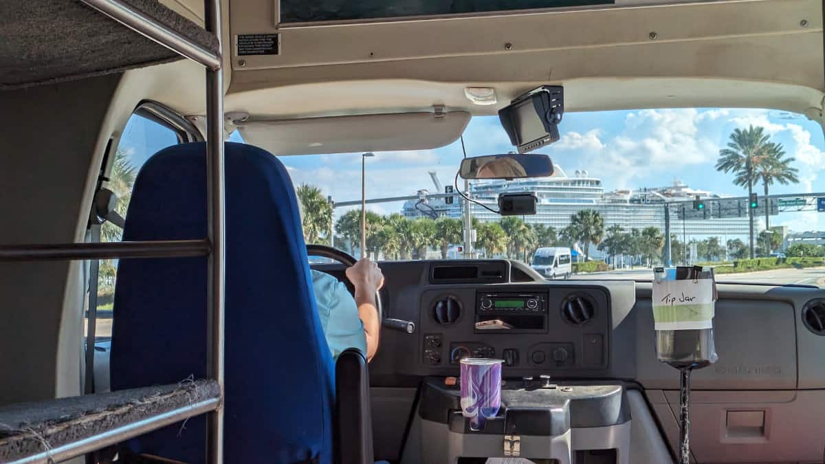 View of cruise ship through the windscreen of a cruise shuttle bus