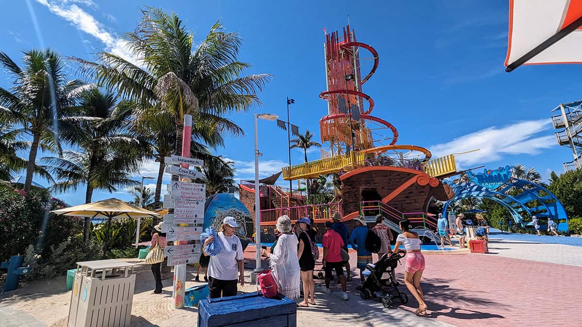 The Waterslide tower at the entrance to CocoCay private island