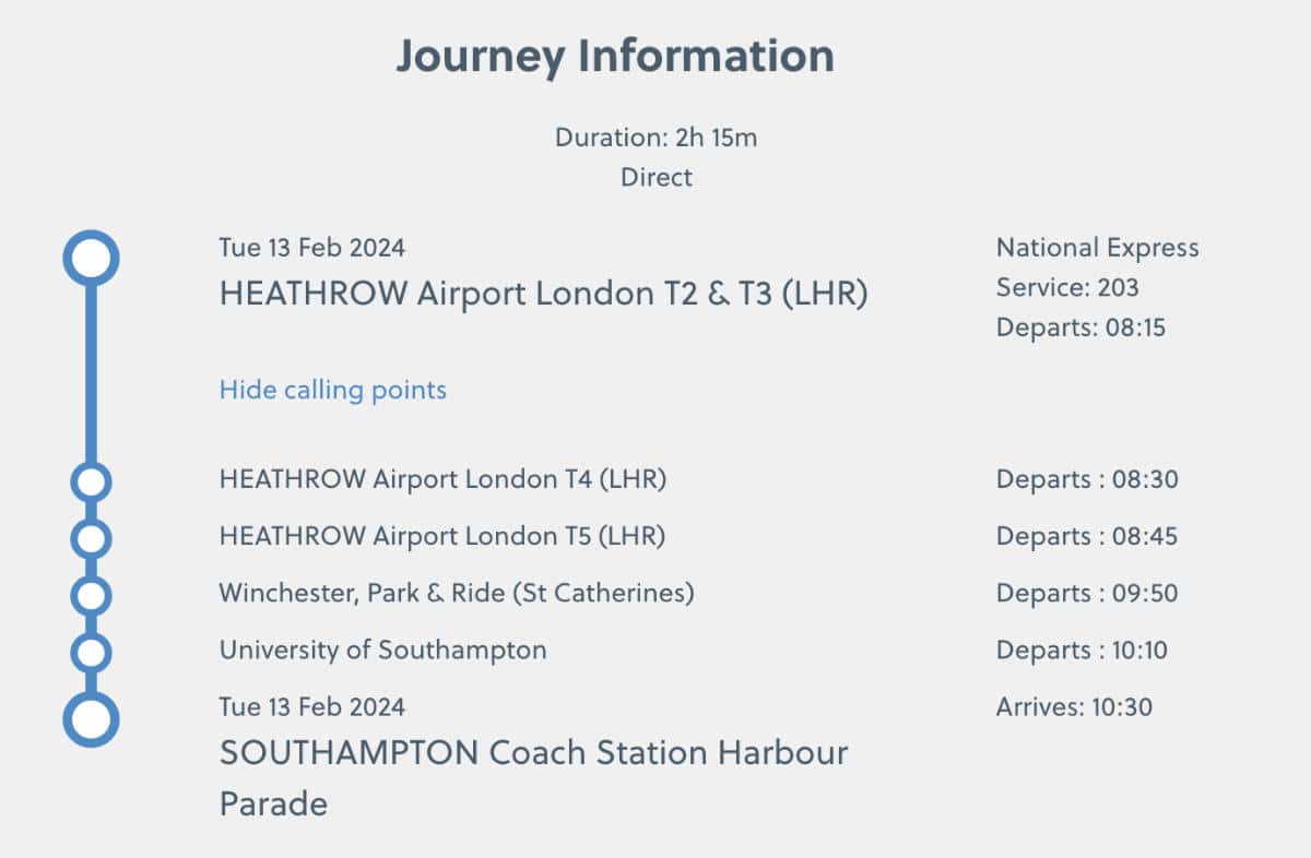 National Express Journey Information for Heathrow Airport to Southampton Cruise Terminals