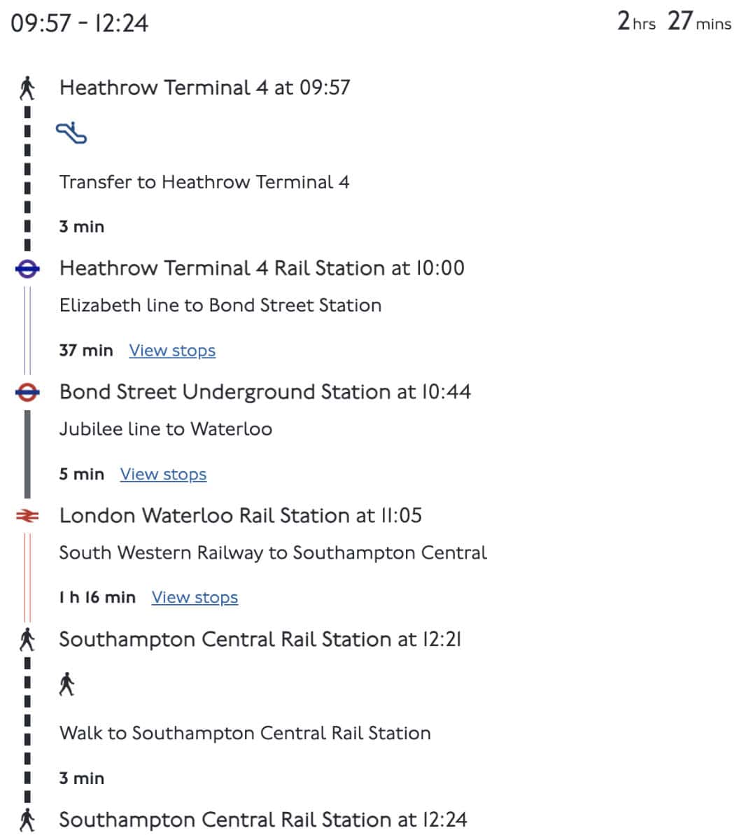 Example Route Information for Tube and Rail Journey to Southampton