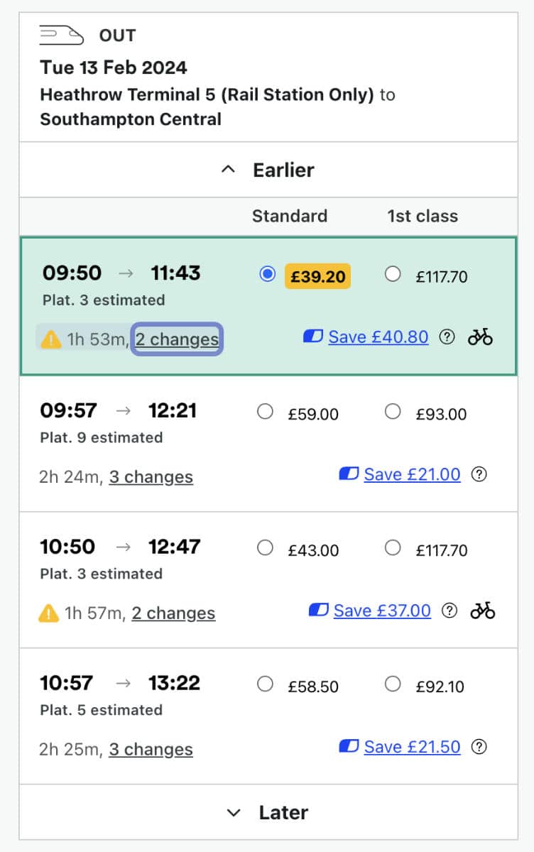 Example prices and routes from Trainline.com