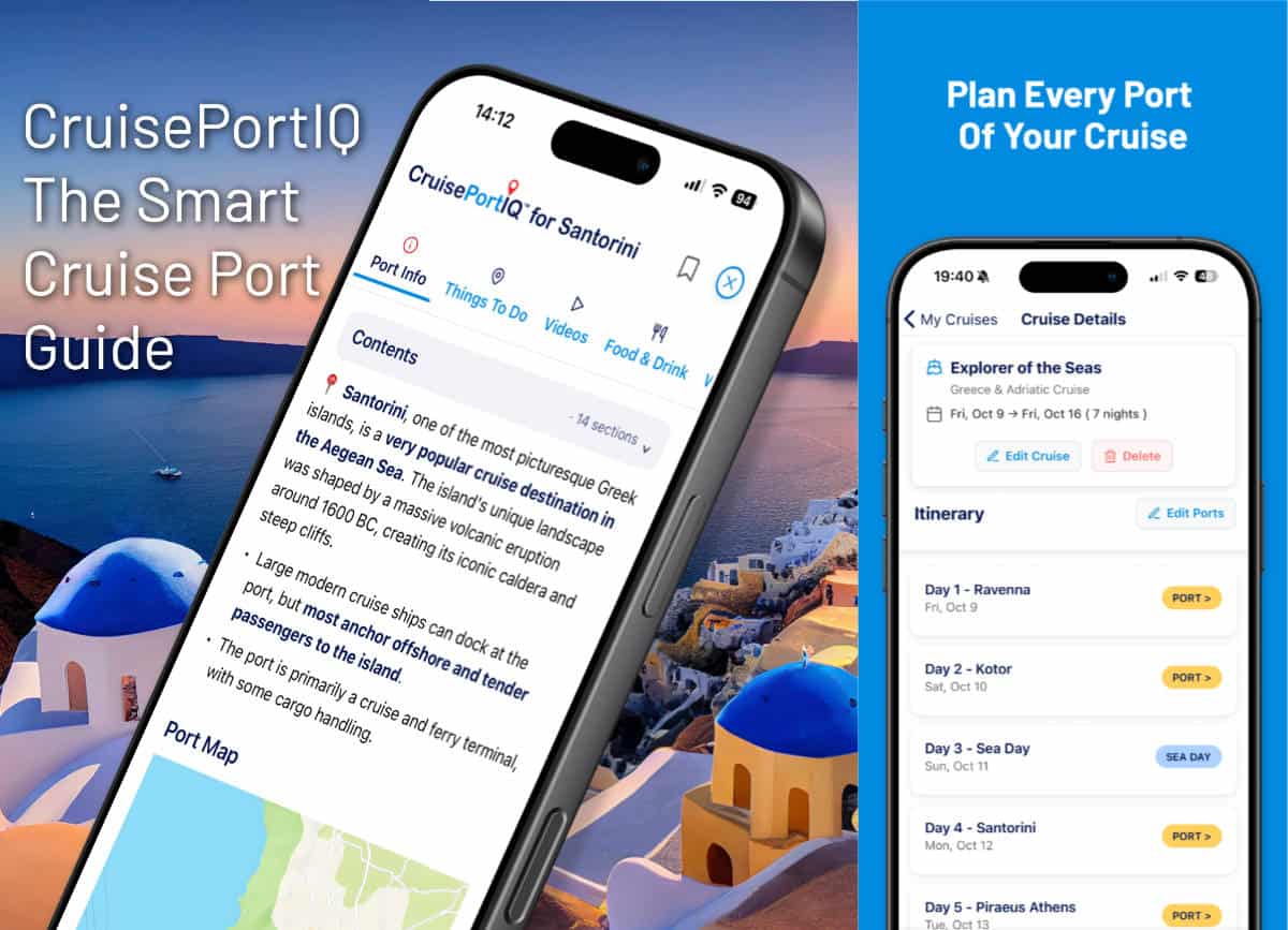 Image shows the CruisePortIQ app overlaid on a background of Santorini